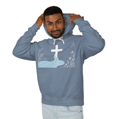 Lightweight Faith Hoodie — Subtle Cross & Stream Design