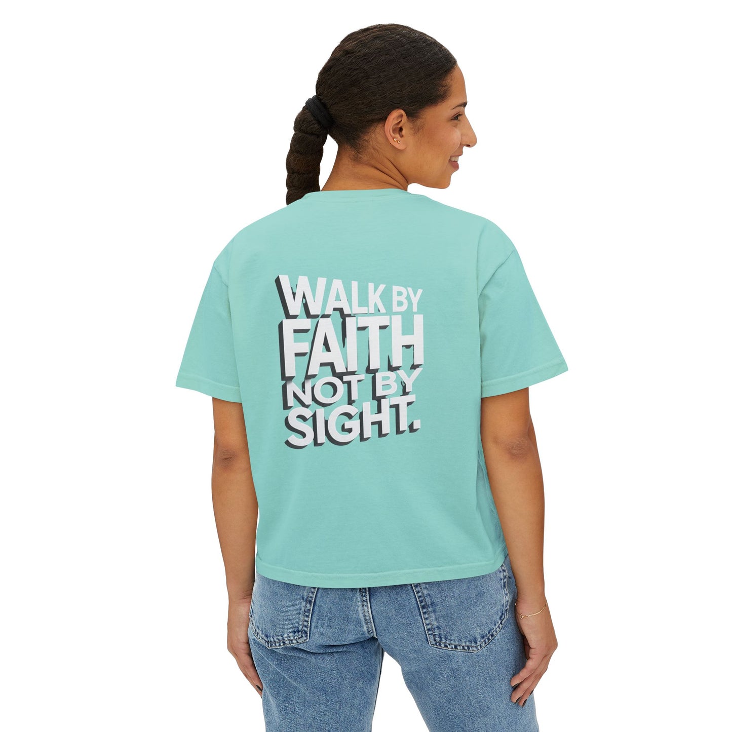Women's Boxy Tee — "Walk By Faith Not By Sight" Graphic Crop Tee