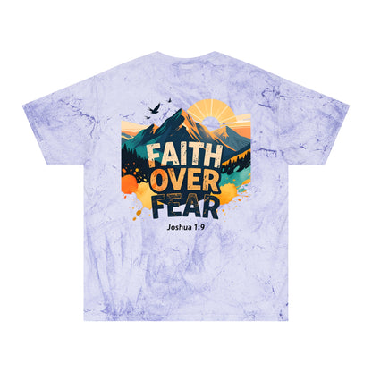 Faith Over Fear Color-Blast T-Shirt — Joshua 1:9 Retro Sunrise