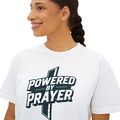 Powered by Prayer Boxy Tee — Women's Christian Graphic Shirt