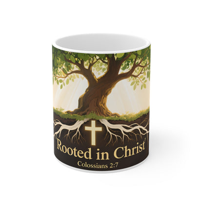 Rooted in Christ Mug — Christian Coffee Mug with Tree and Colossians 2:7 Scripture