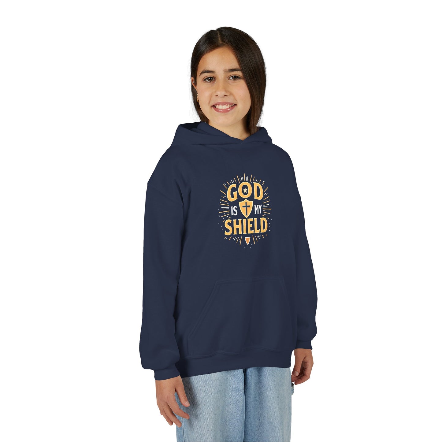 Youth Hoodie — "God Shield" Faith Graphic Pullover