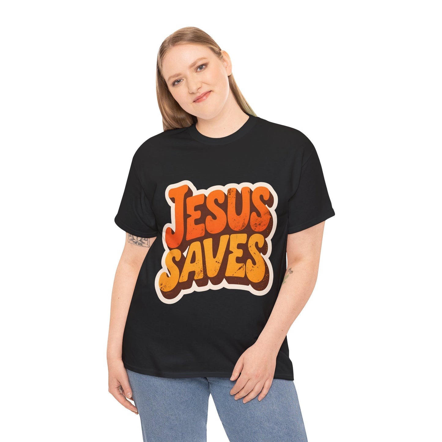 Jesus Saves Retro Tee — Bright Sunset Faith T-Shirt