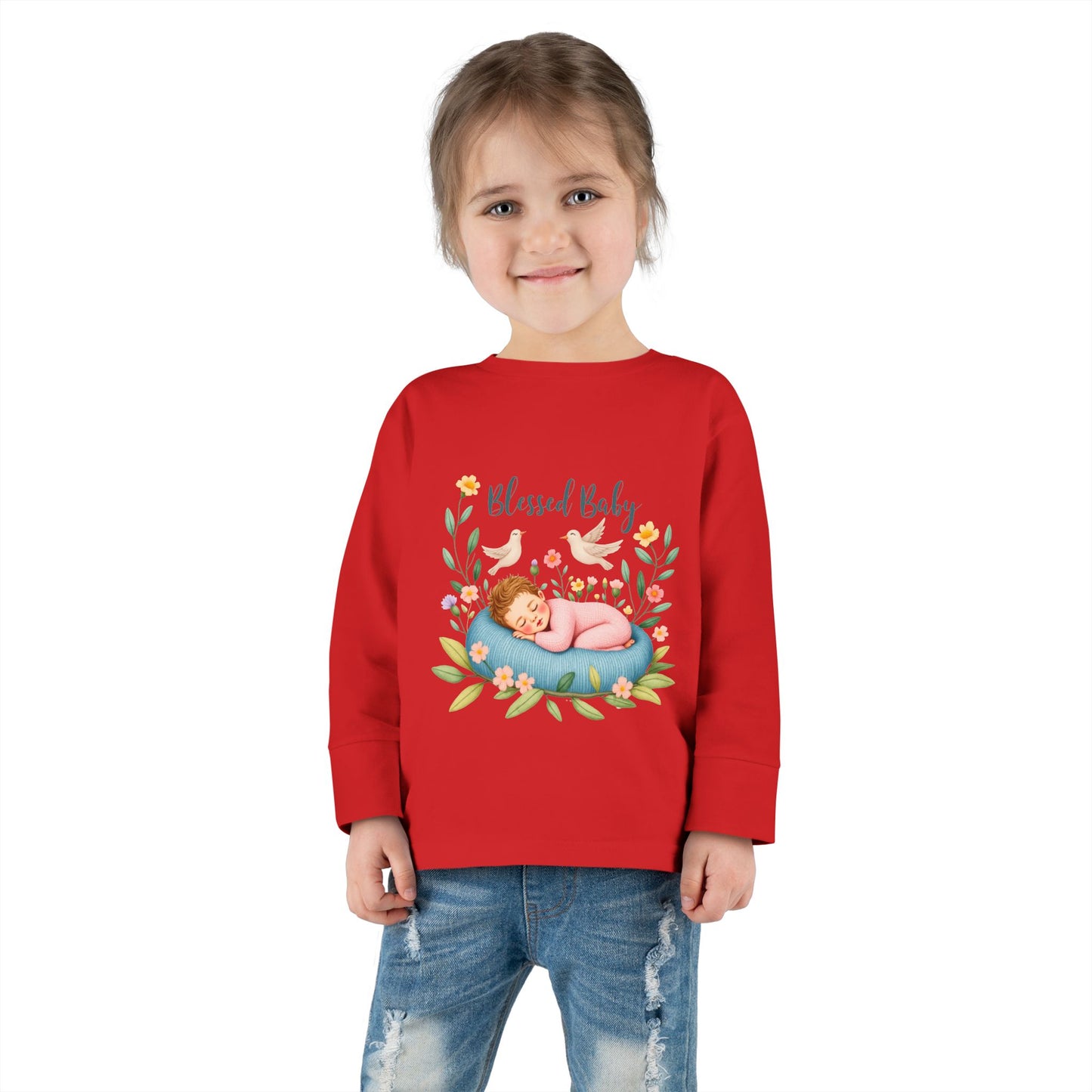 Blessed Baby Toddler Long Sleeve Tee — Cute Sleeping Newborn Floral Design