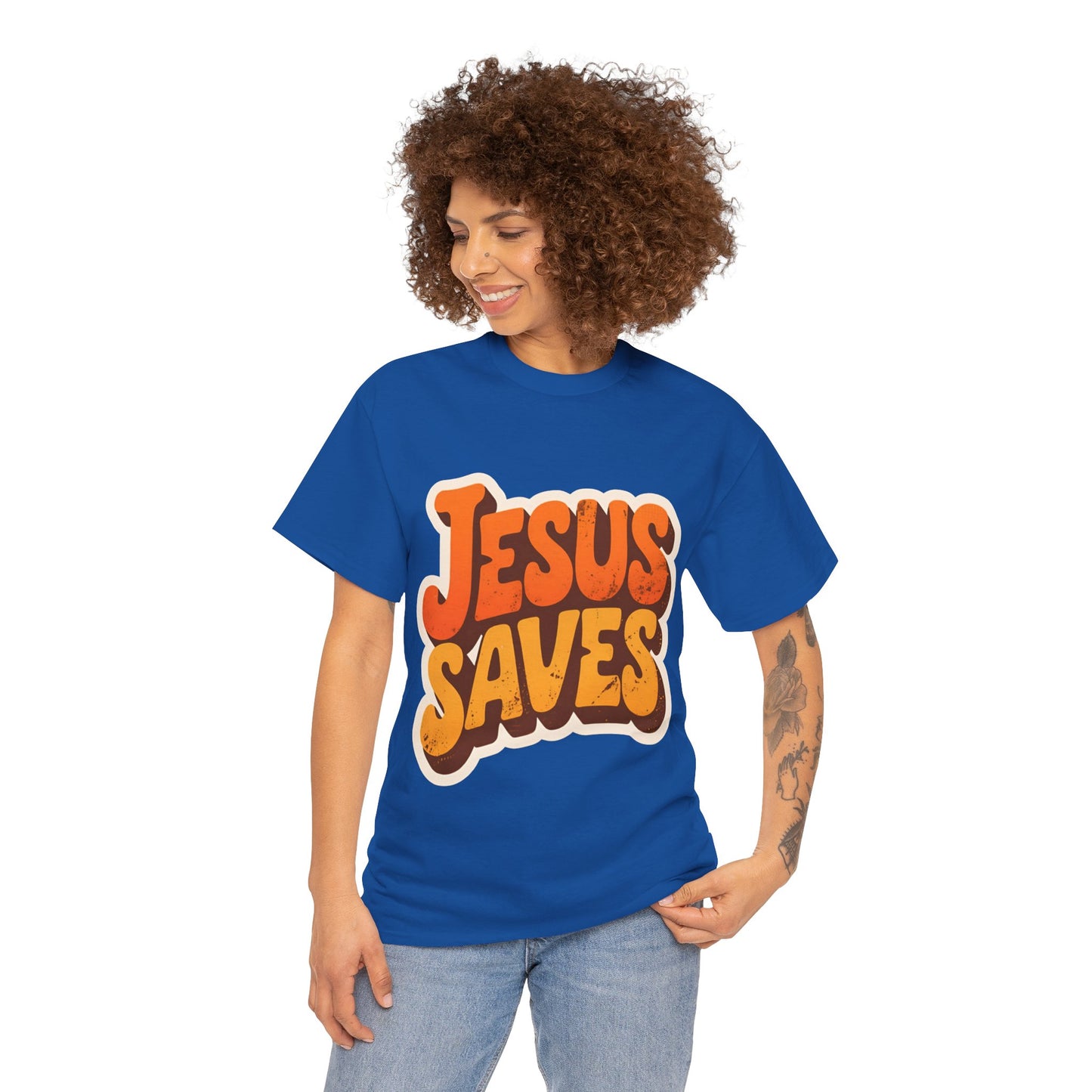 Jesus Saves Retro Tee — Bright Sunset Faith T-Shirt