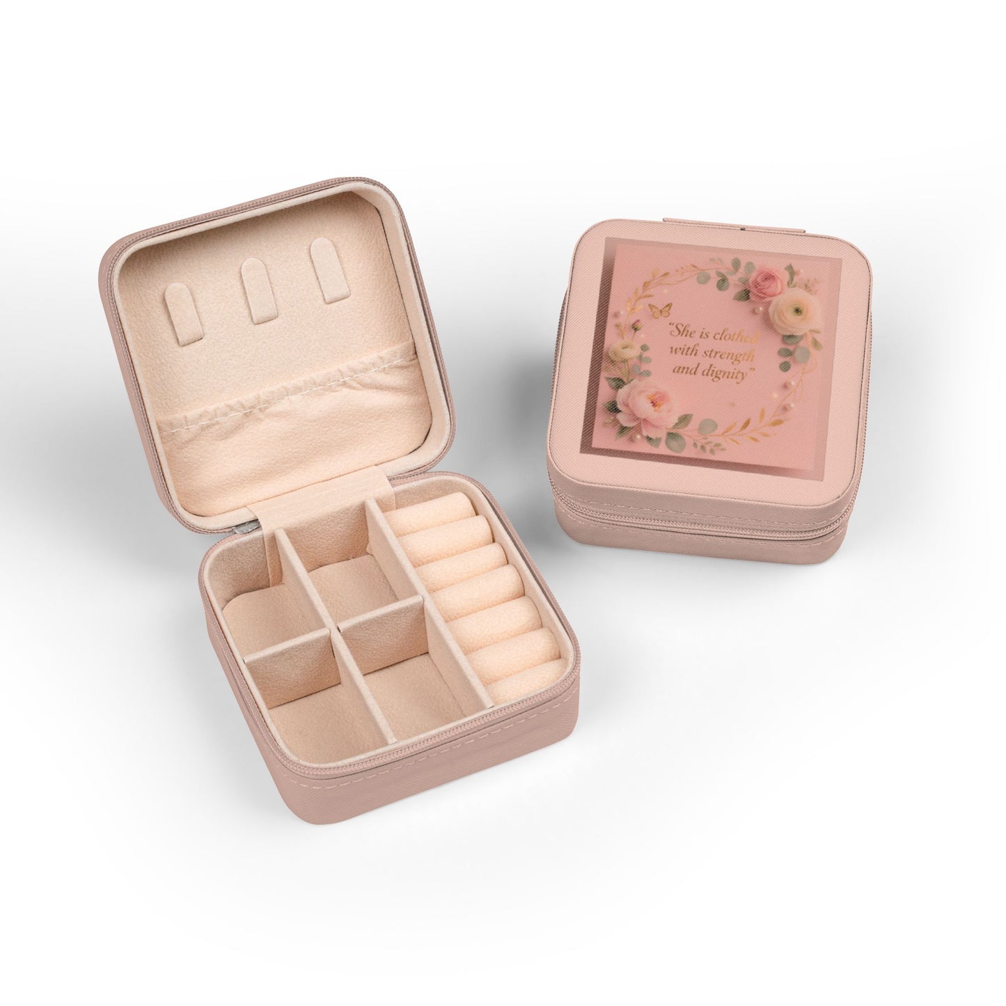 Pink Floral Jewelry Travel Case – Compact Organizer with Ring Rolls & Compartments (She is Strong with Courage and Dignity)