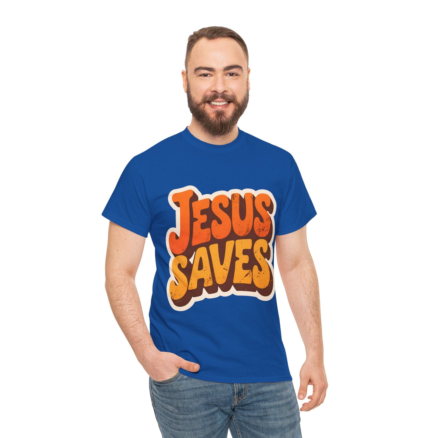 Jesus Saves Retro Tee — Bright Sunset Faith T-Shirt