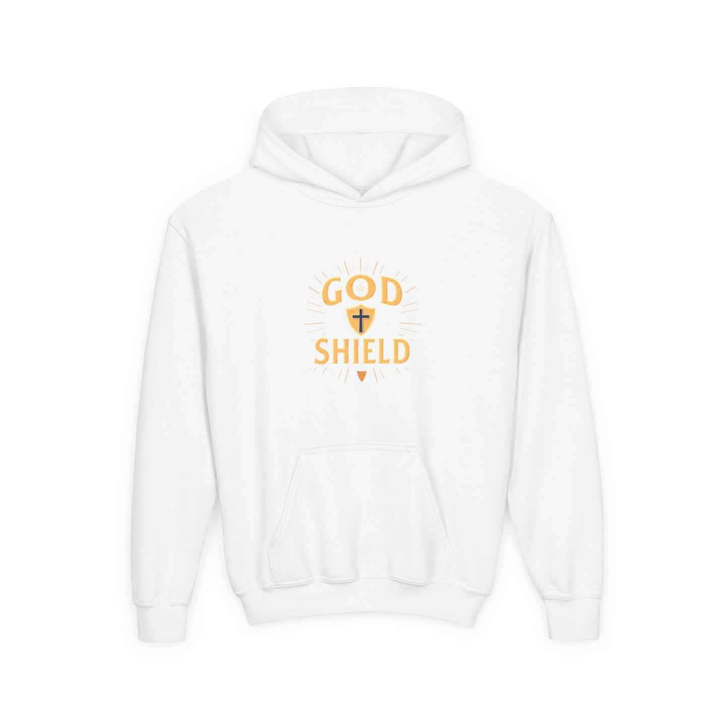 Youth Hoodie — "God Shield" Faith Graphic Pullover