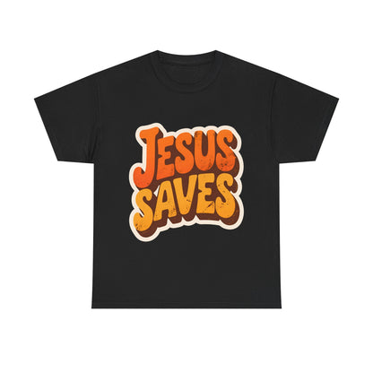 Jesus Saves Retro Tee — Bright Sunset Faith T-Shirt