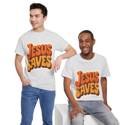 Jesus Saves Retro Tee — Bright Sunset Faith T-Shirt