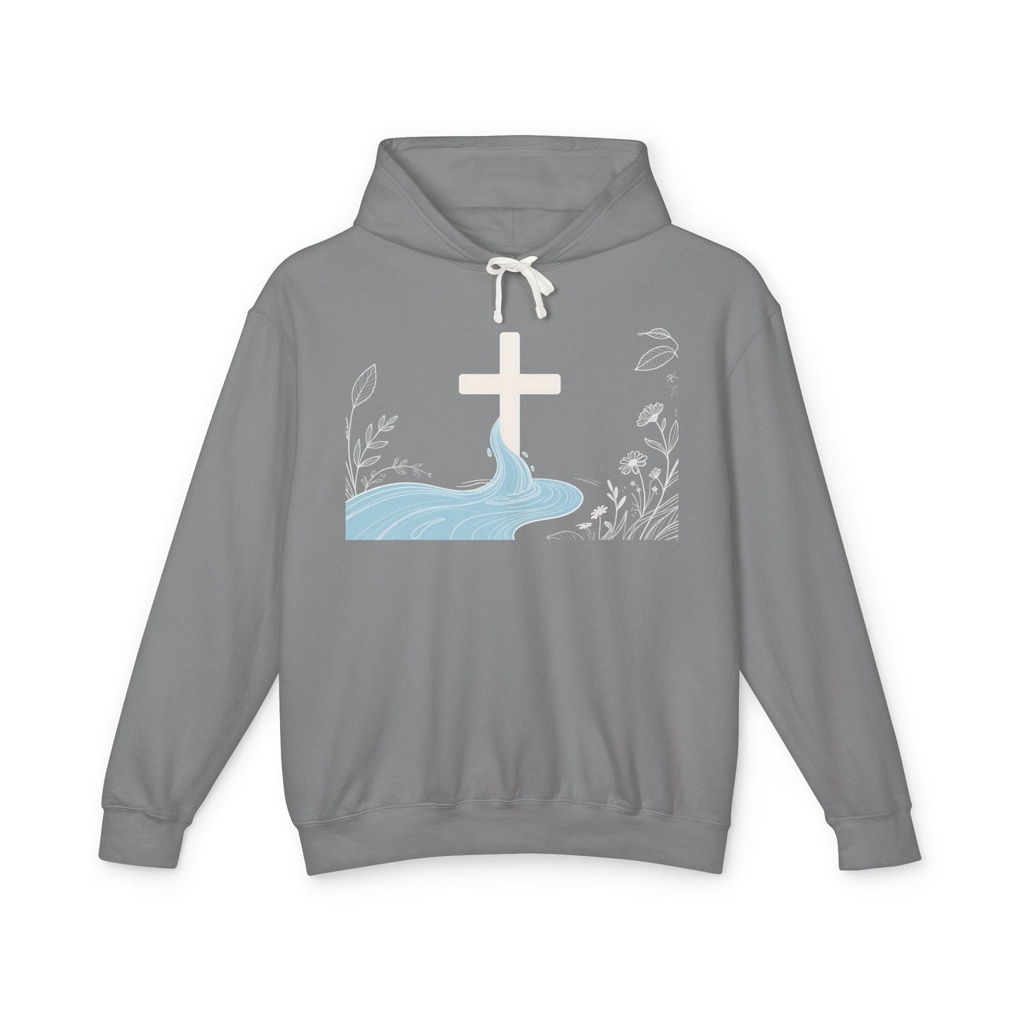 Lightweight Faith Hoodie — Subtle Cross & Stream Design