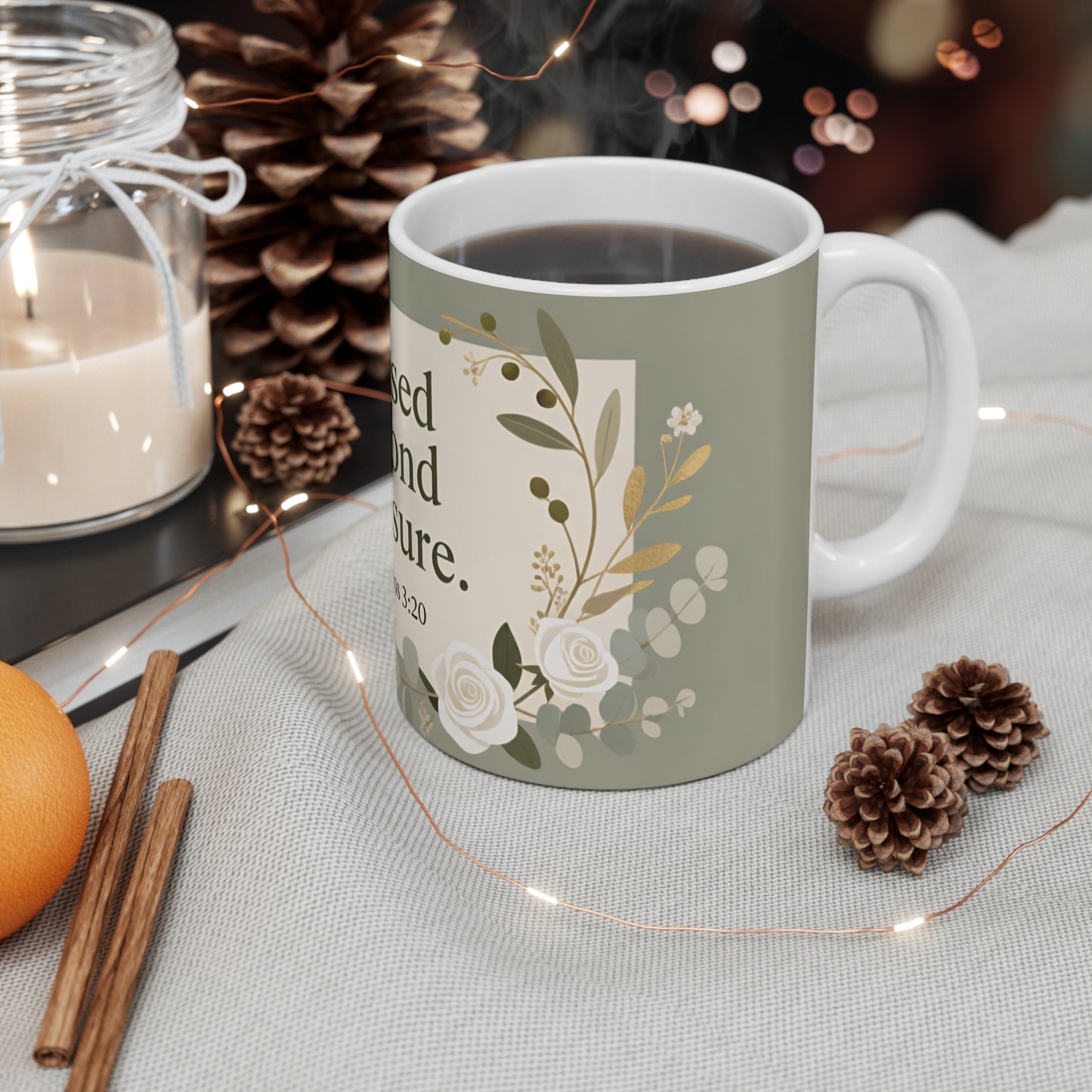 Blessed Beyond Measure 11oz Ceramic Mug — Ephesians 3:20 Floral Faith Gift