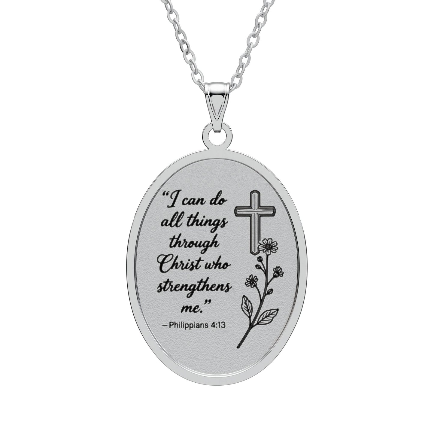 Philippians 4:13 Oval Pendant Necklace — Inspirational Cross Floral Engraved Jewelry (Gold/Silver)