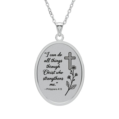 Philippians 4:13 Oval Pendant Necklace — Inspirational Cross Floral Engraved Jewelry (Gold/Silver)