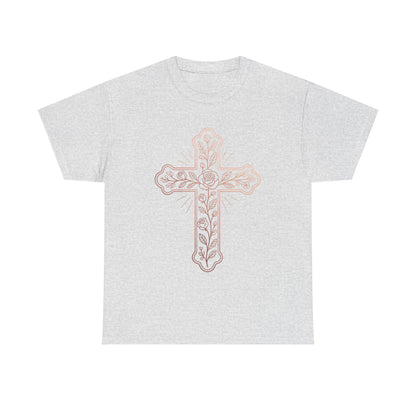 Floral Cross Tee – Delicate Pink Botanical Christian T-Shirt