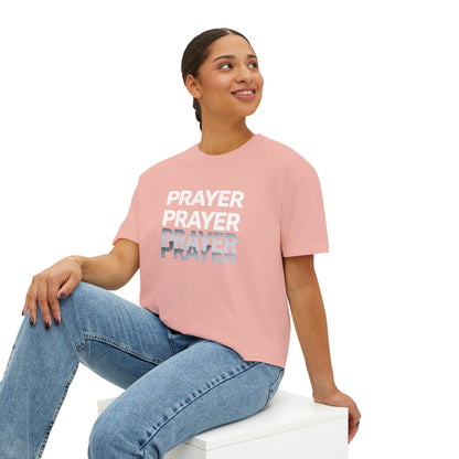 Prayer Boxy Tee — Women's Spiritual Graphic Top (Prayer Repeated Design)