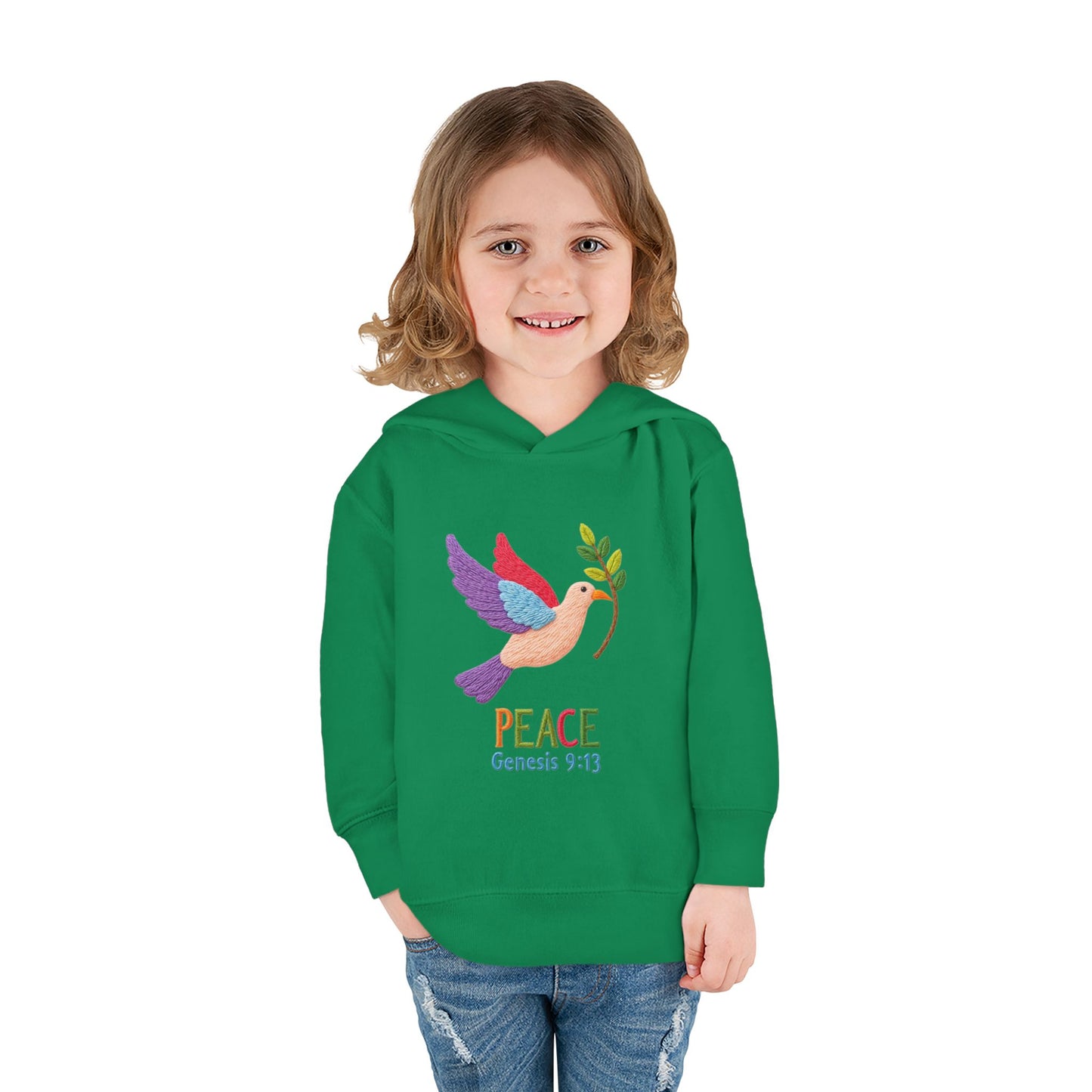 Toddler Hoodie — Colorful Peace Dove with Olive Branch & “PEACE Genesis 9:13”