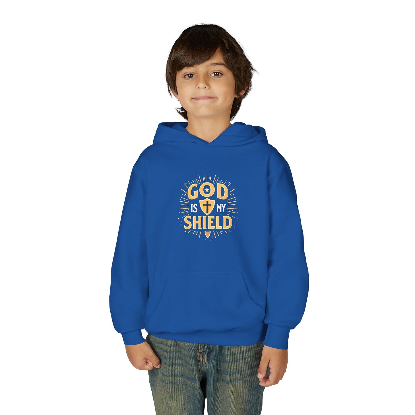 Youth Hoodie — "God Shield" Faith Graphic Pullover