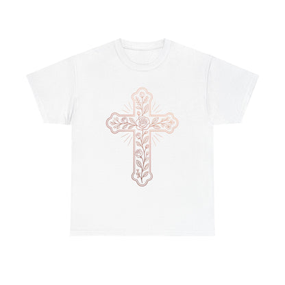 Floral Cross Tee – Delicate Pink Botanical Christian T-Shirt