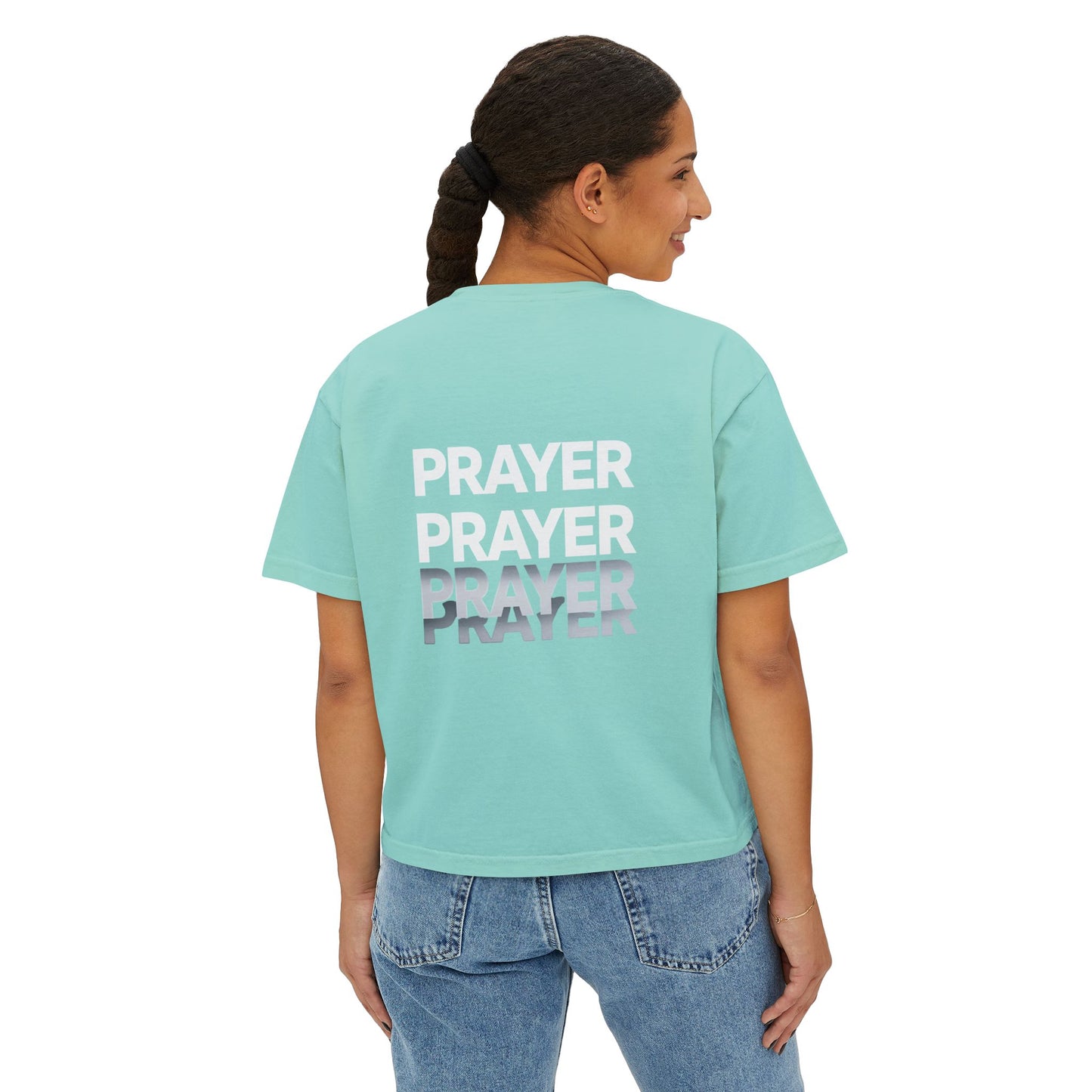 Prayer Boxy Tee — Women's Spiritual Graphic Top (Prayer Repeated Design)