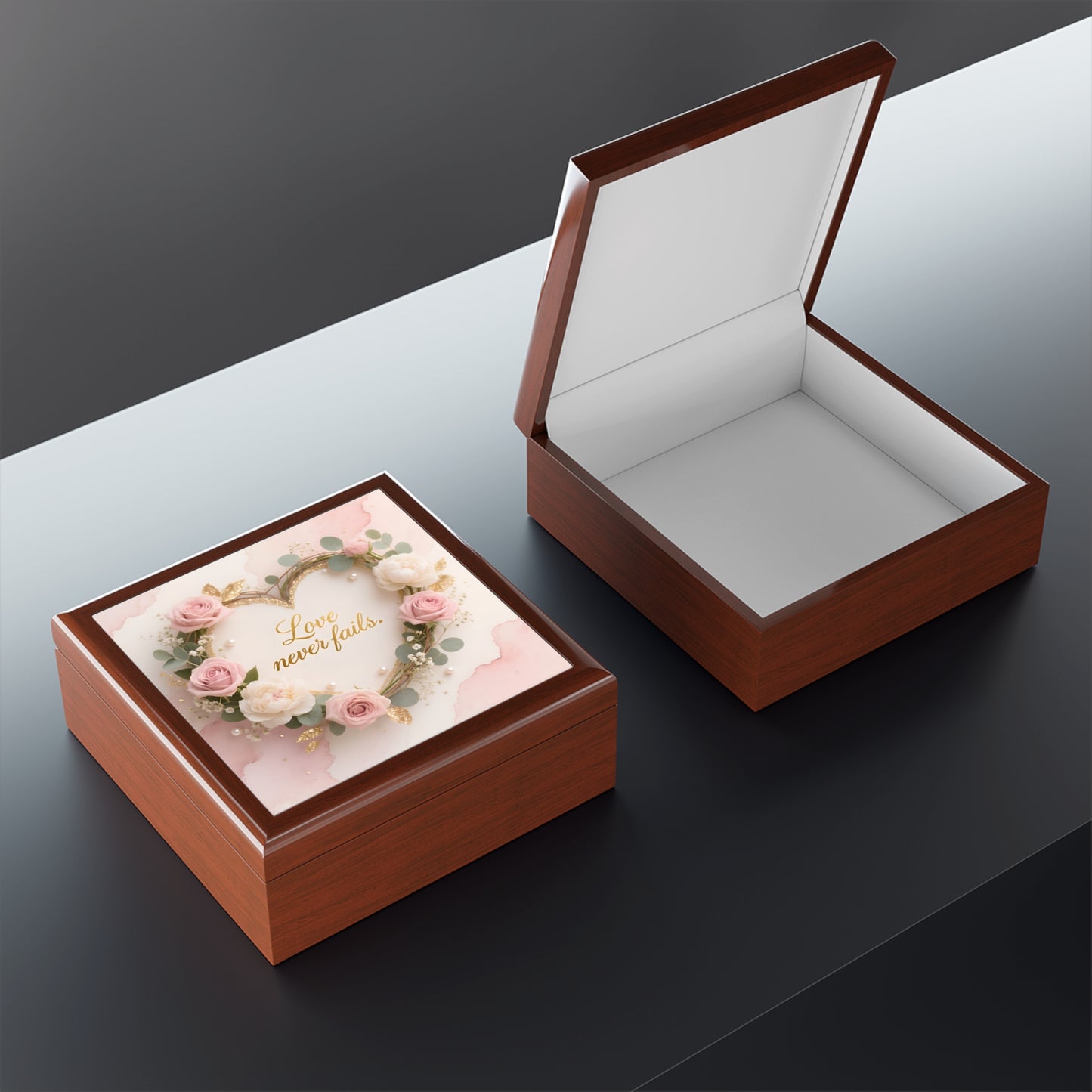 Jewelry Box - "Love Never Fails" Floral Heart Keepsake Box