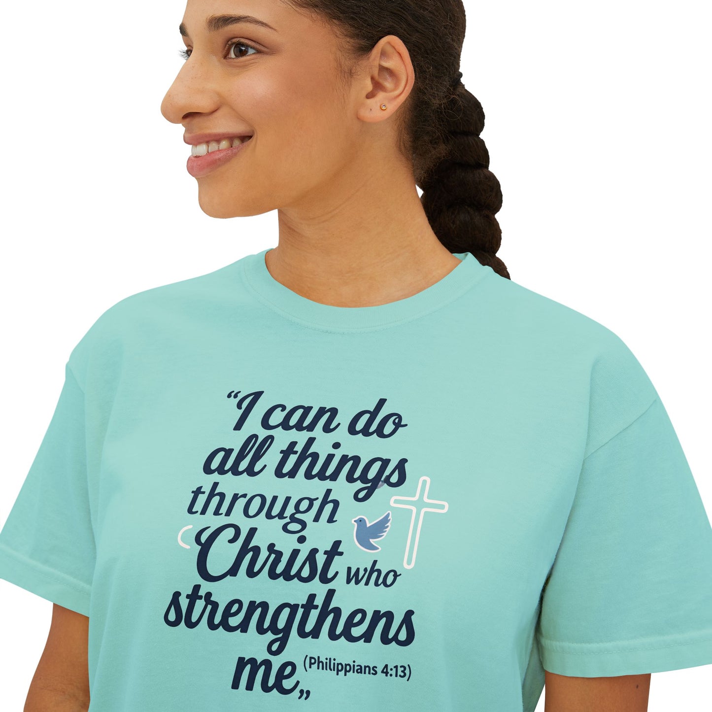 Christian Graphic Boxy Tee — "I Can Do All Things Through Christ" Inspirational Women’s T‑Shirt