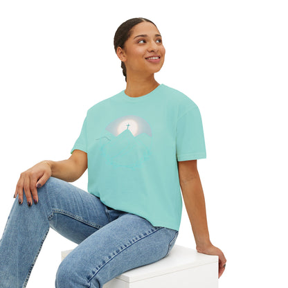 Women's Boxy Tee — Sunrise Mountain Line Art with Laurel (Calm, Faith-Inspired Vintage Tee)
