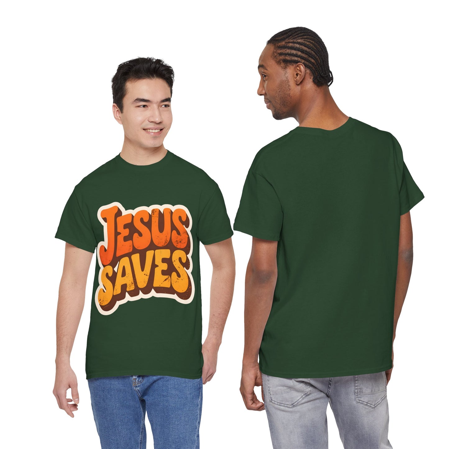 Jesus Saves Retro Tee — Bright Sunset Faith T-Shirt