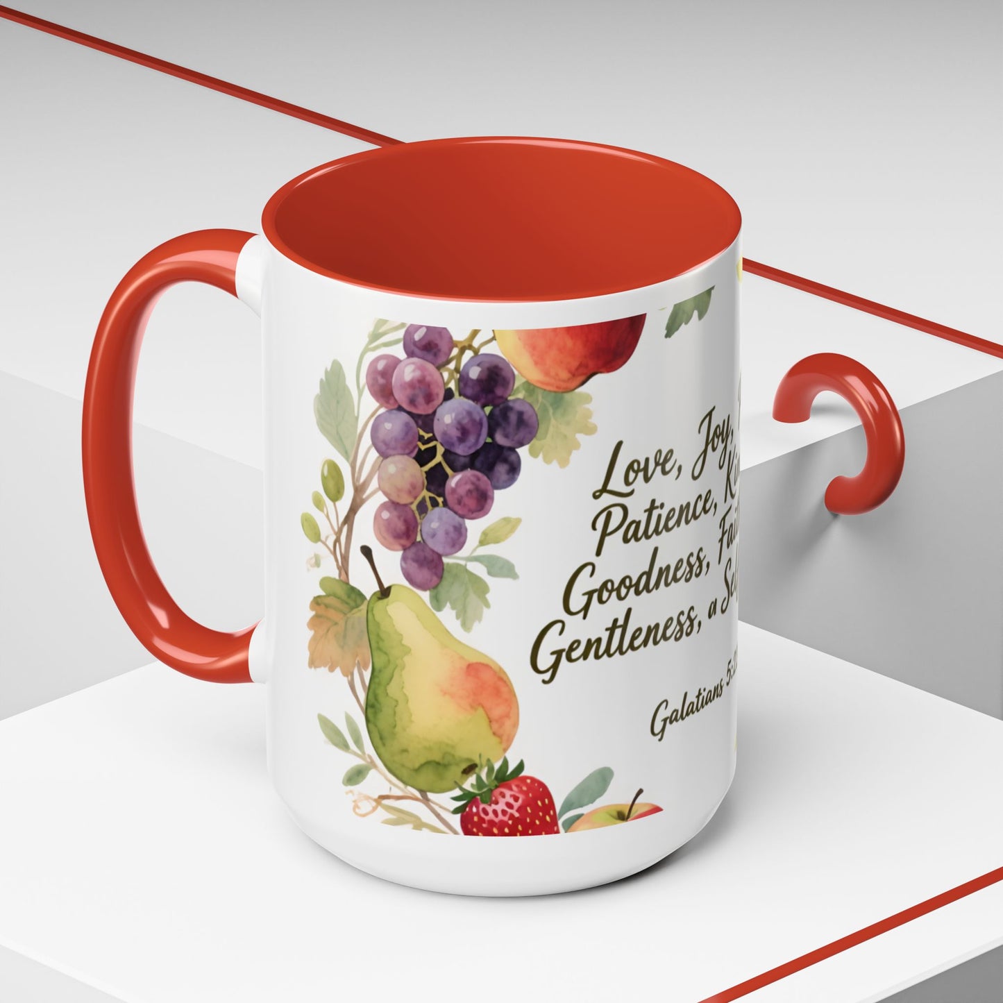 Christian Fruit of the Spirit Accent Coffee Mug — Galatians 5:22-23 Floral Scripture Design (11/15oz)