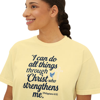 Christian Graphic Boxy Tee — "I Can Do All Things Through Christ" Inspirational Women’s T‑Shirt