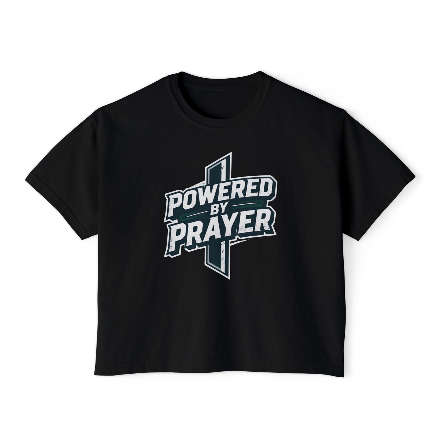 Powered by Prayer Boxy Tee — Women's Christian Graphic Shirt