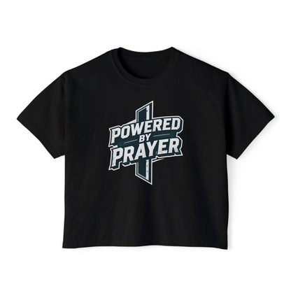 Powered by Prayer Boxy Tee — Women's Christian Graphic Shirt