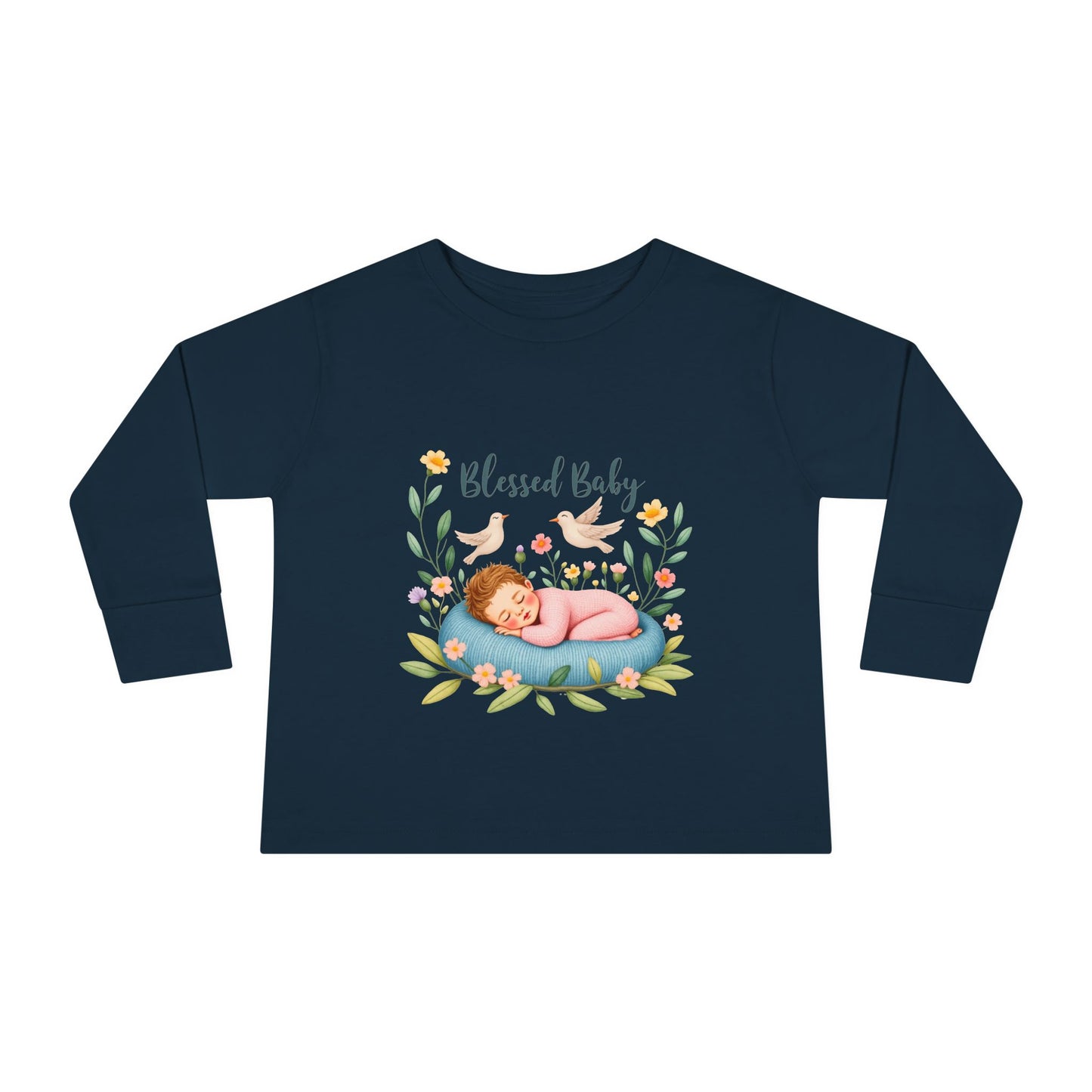 Blessed Baby Toddler Long Sleeve Tee — Cute Sleeping Newborn Floral Design