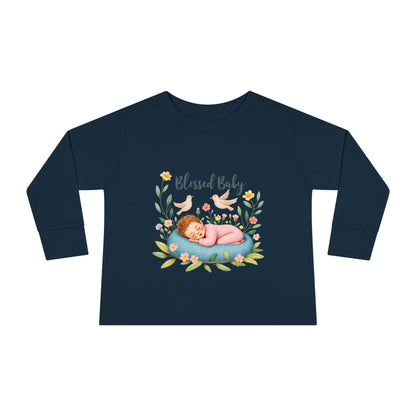 Blessed Baby Toddler Long Sleeve Tee — Cute Sleeping Newborn Floral Design
