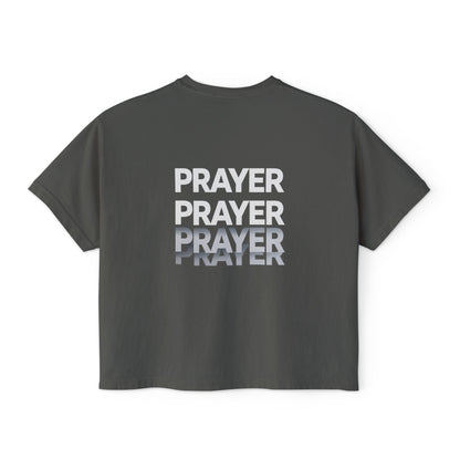 Prayer Boxy Tee — Women's Spiritual Graphic Top (Prayer Repeated Design)