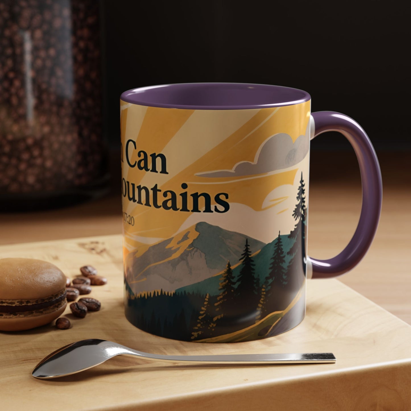 Faith Can Move Mountains Coffee Mug — Matthew 17:20 Inspirational Accent Mug