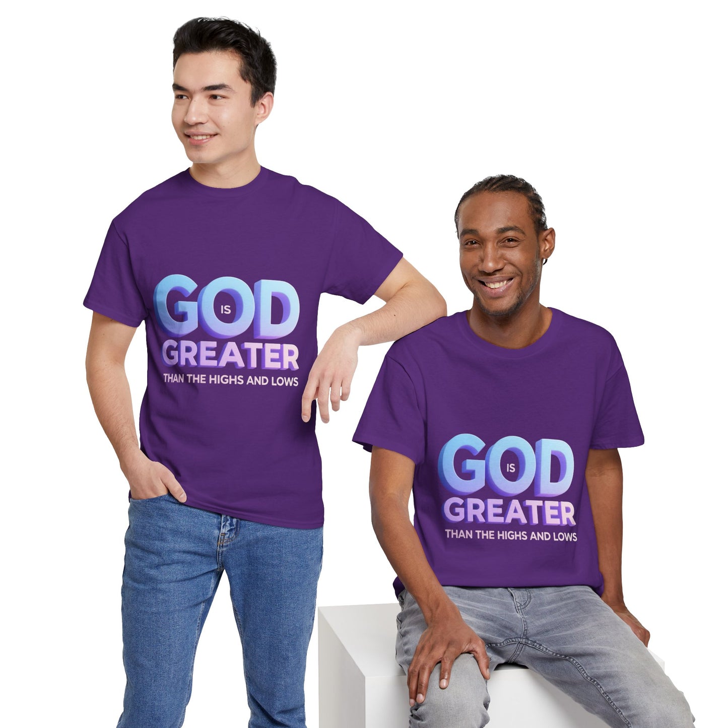God Greater Gradient Tee — Soft Blue & Lilac Faith Shirt