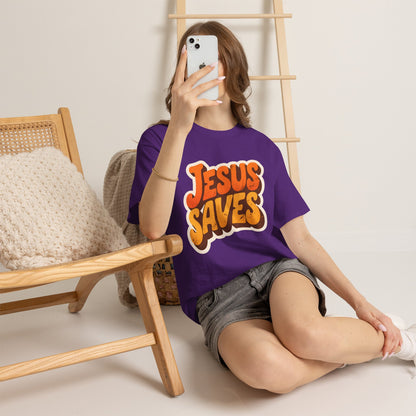 Jesus Saves Retro Tee — Bright Sunset Faith T-Shirt