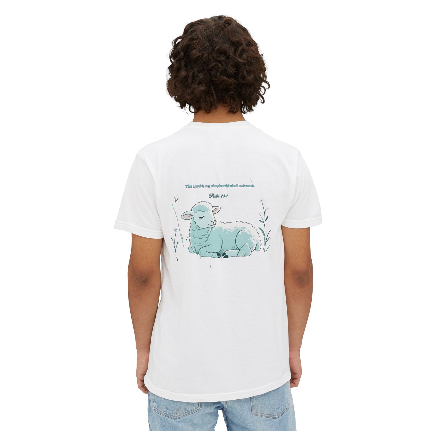 Lamb Rest Pocket T‑Shirt — Vintage Seafoam Pocket Tee with Script Verse