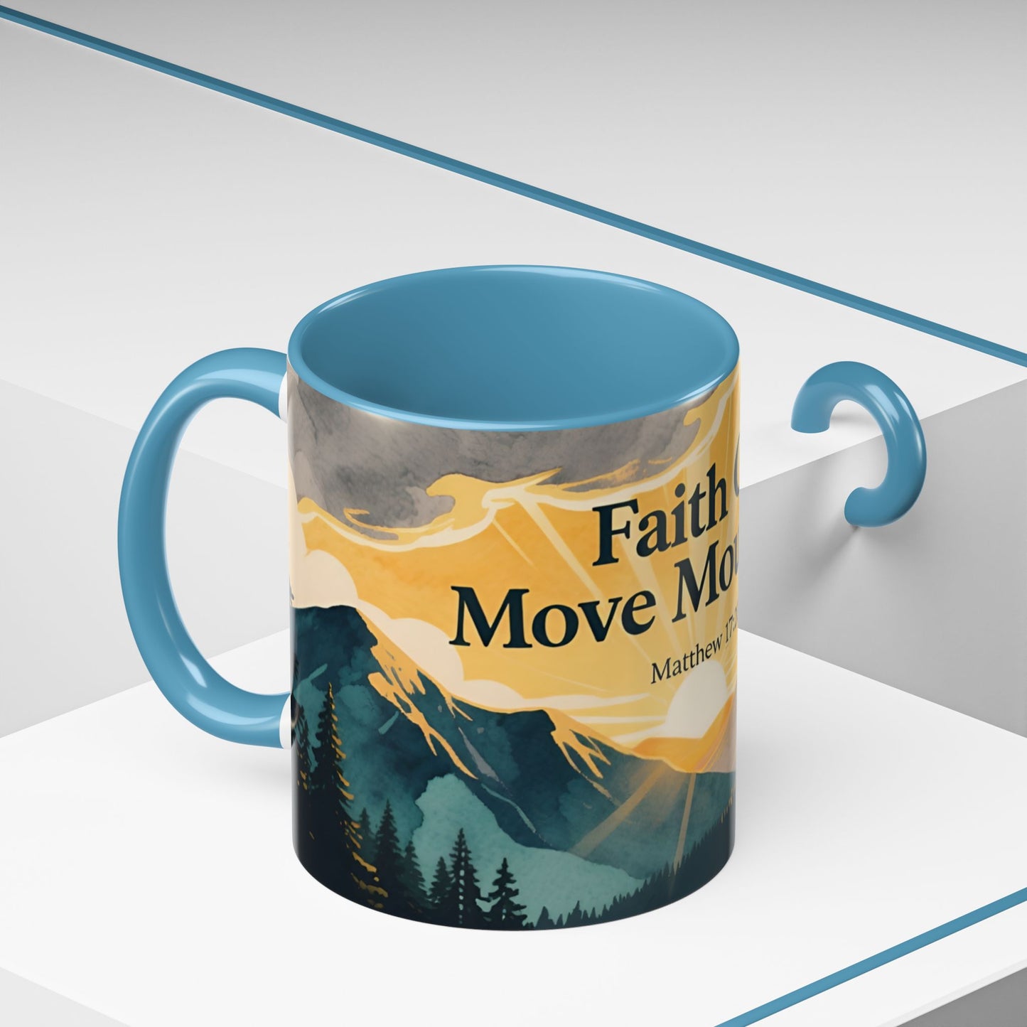 Faith Can Move Mountains Coffee Mug — Matthew 17:20 Inspirational Accent Mug