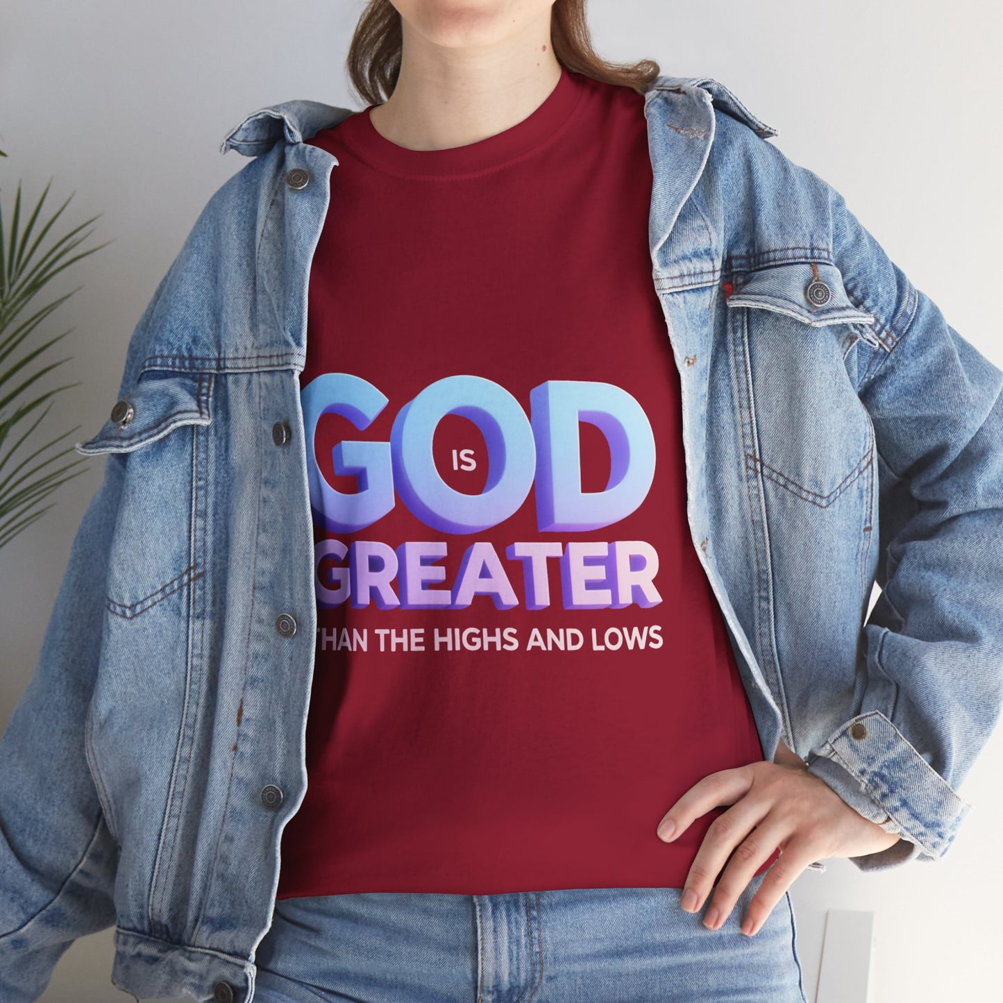 God Greater Gradient Tee — Soft Blue & Lilac Faith Shirt