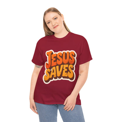Jesus Saves Retro Tee — Bright Sunset Faith T-Shirt