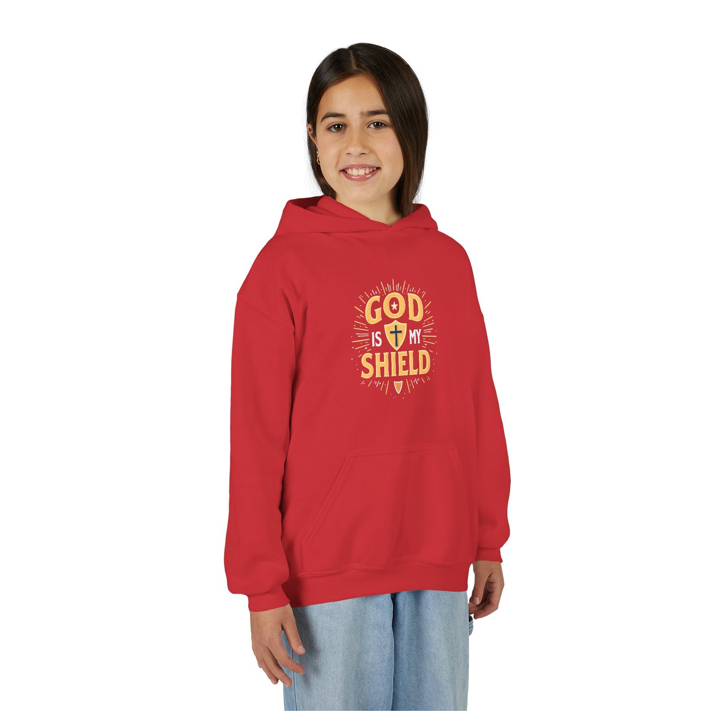 Youth Hoodie — "God Shield" Faith Graphic Pullover