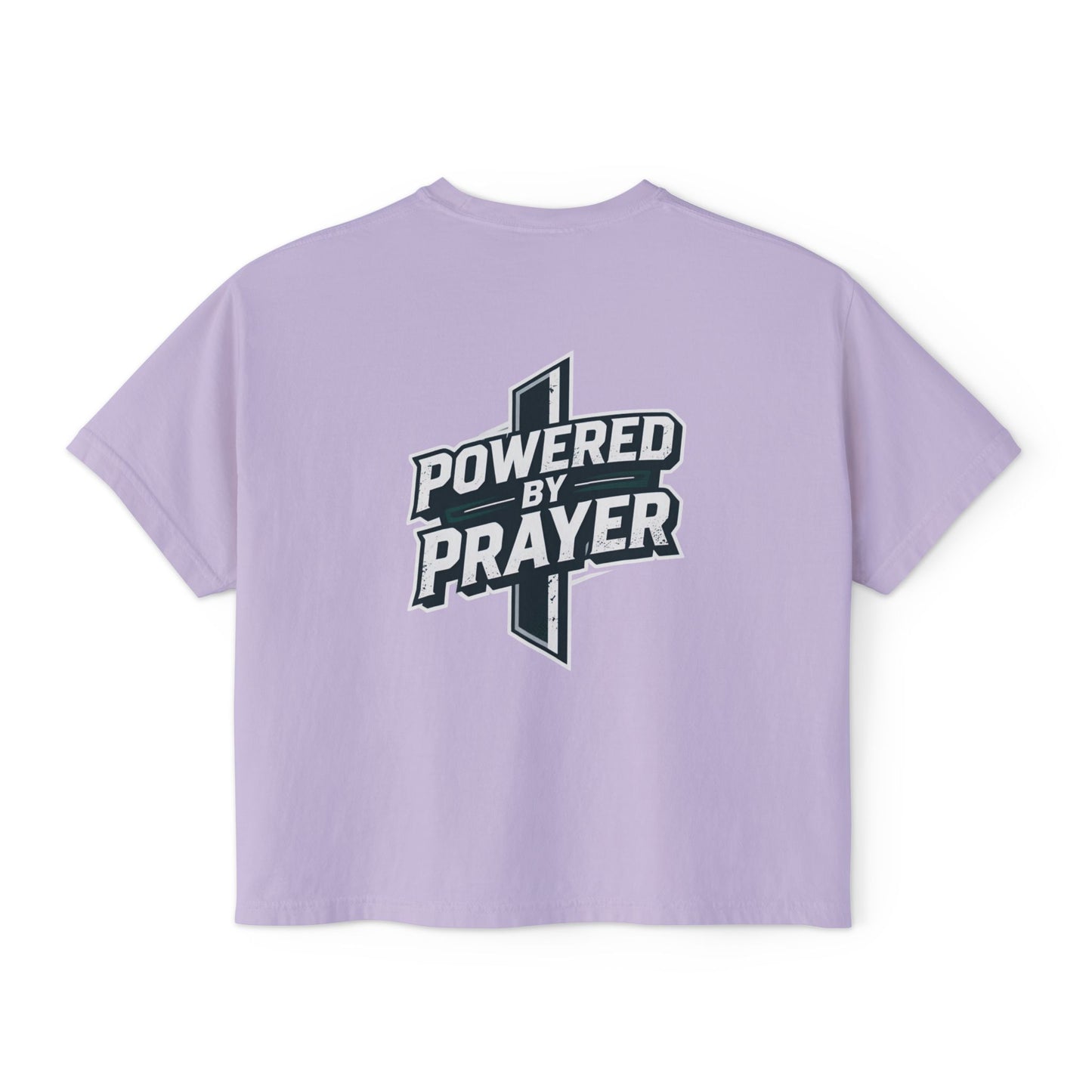 Powered by Prayer Boxy Tee — Women's Christian Graphic Shirt