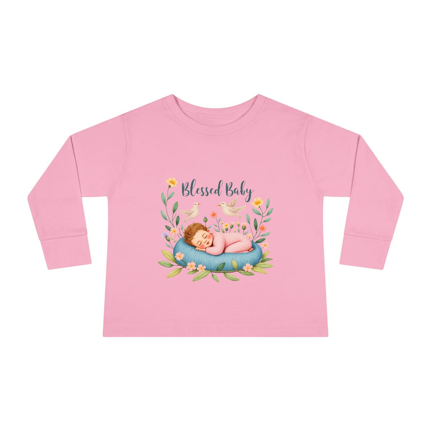 Blessed Baby Toddler Long Sleeve Tee — Cute Sleeping Newborn Floral Design
