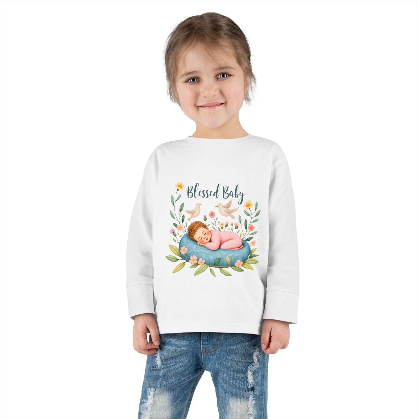 Blessed Baby Toddler Long Sleeve Tee — Cute Sleeping Newborn Floral Design
