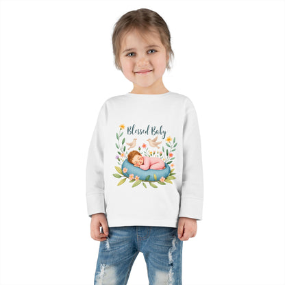 Blessed Baby Toddler Long Sleeve Tee — Cute Sleeping Newborn Floral Design