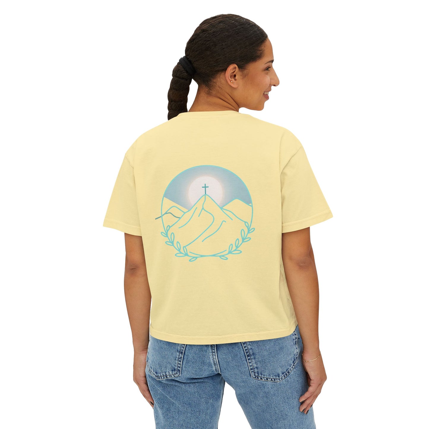 Women's Boxy Tee — Sunrise Mountain Line Art with Laurel (Calm, Faith-Inspired Vintage Tee)