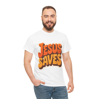 Jesus Saves Retro Tee — Bright Sunset Faith T-Shirt