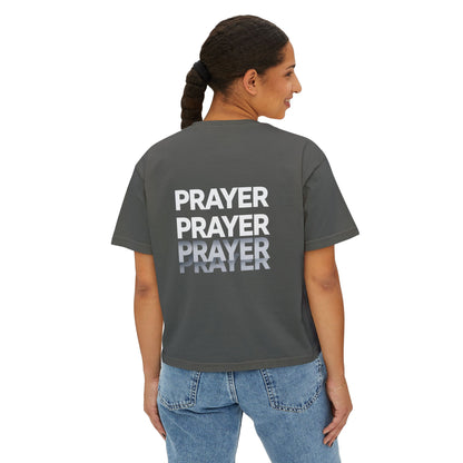 Prayer Boxy Tee — Women's Spiritual Graphic Top (Prayer Repeated Design)